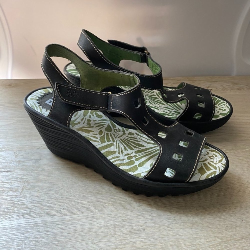 Fly London Black Wedge Sandals with Green Floral Insole